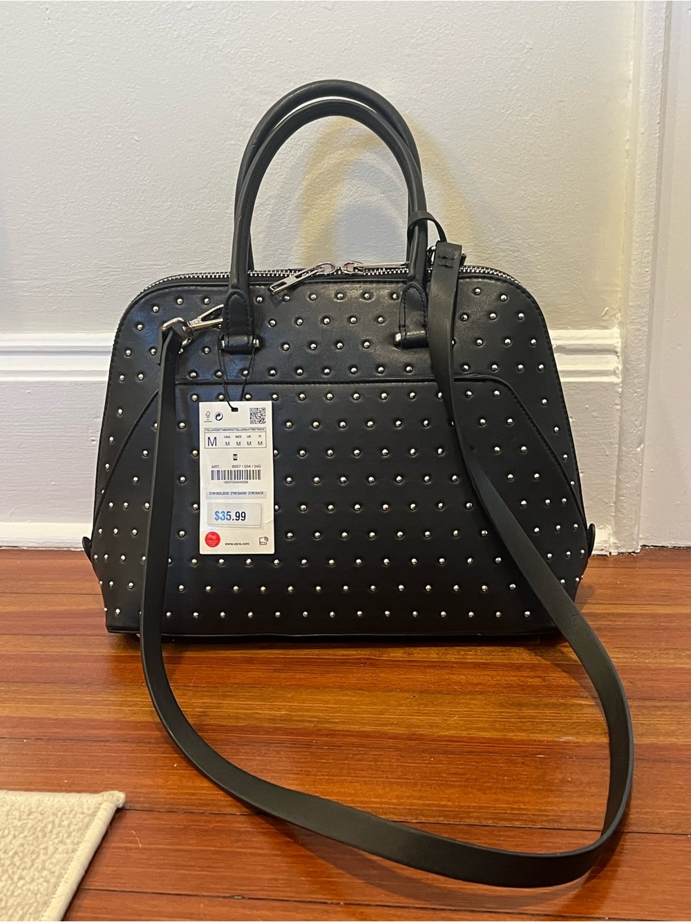 NWT Zara- Black Studded Dome Satchel with Detachable Strap